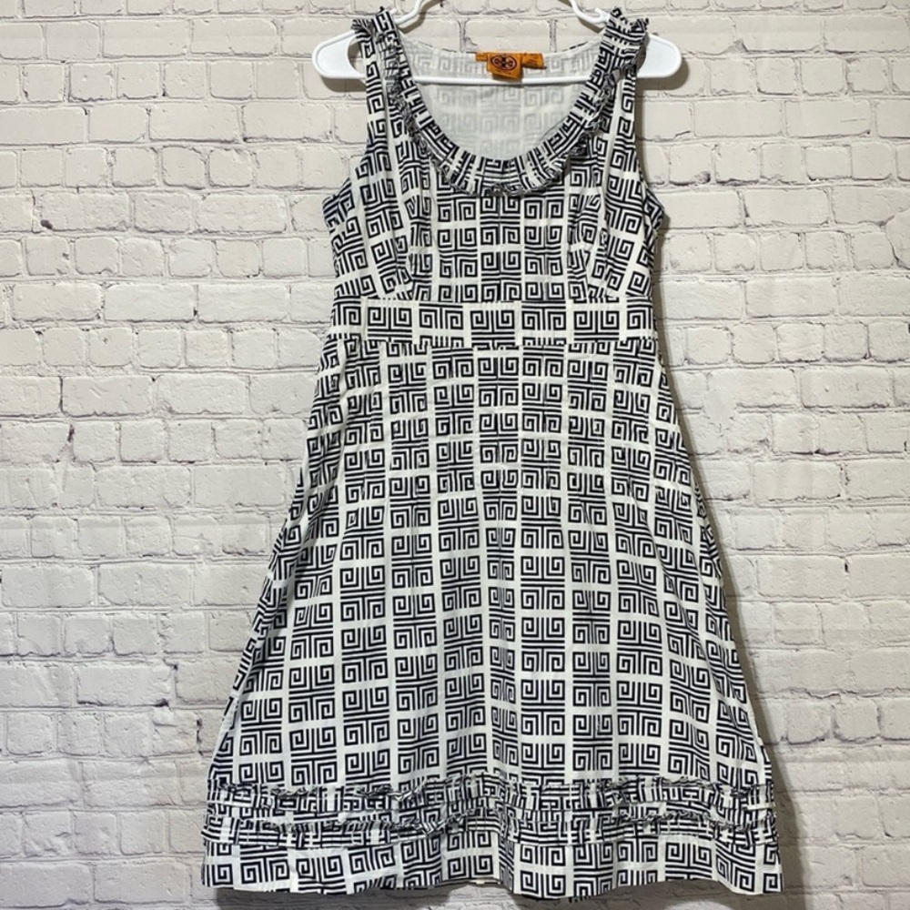 Tory Burch Ruffled White and Gray Midi Dress